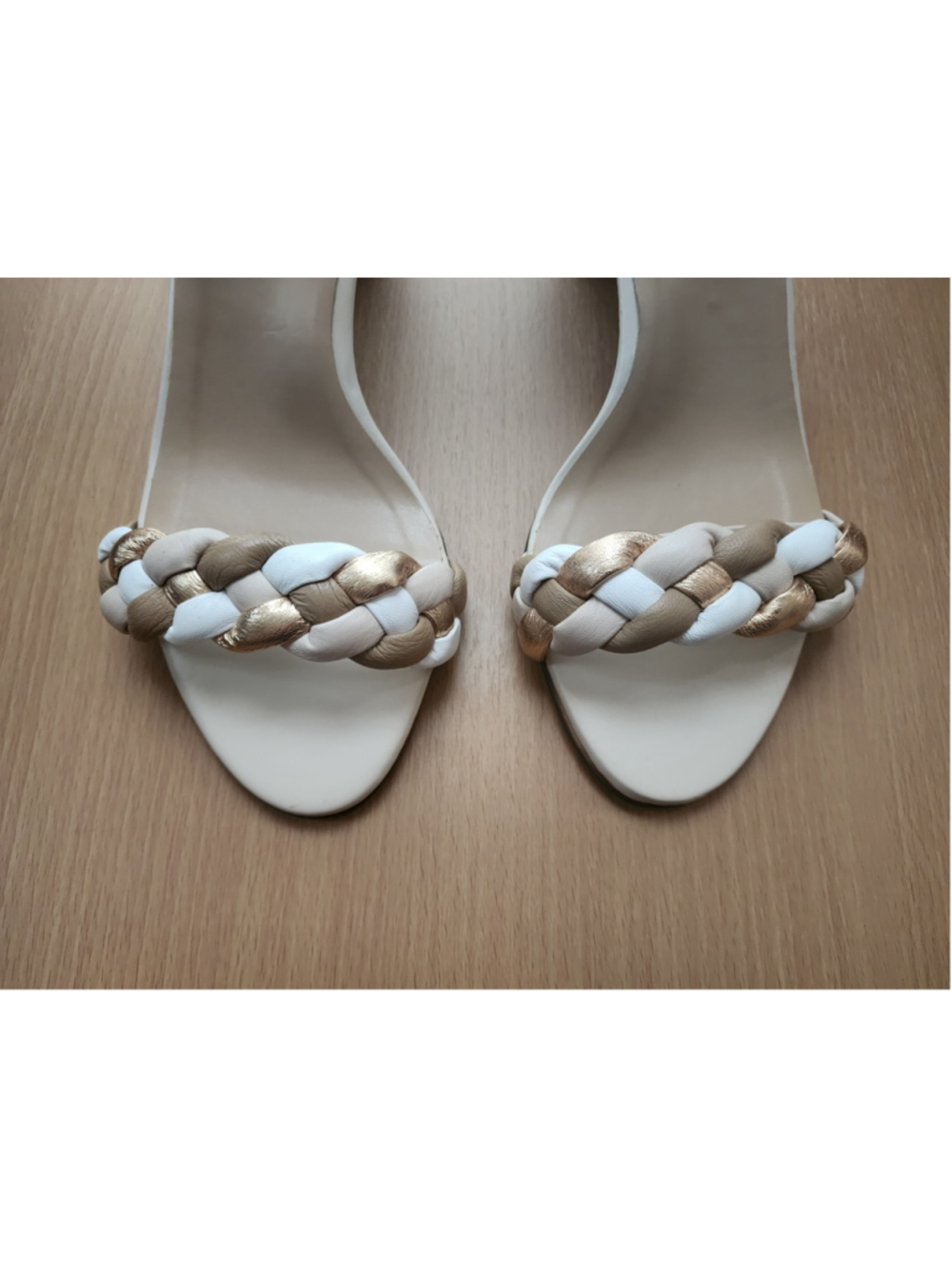 Naturalizer LEATHER Braided Strappy Block Heel Sandals 10 WIDE Beige White Gold - Picture 4 of 15